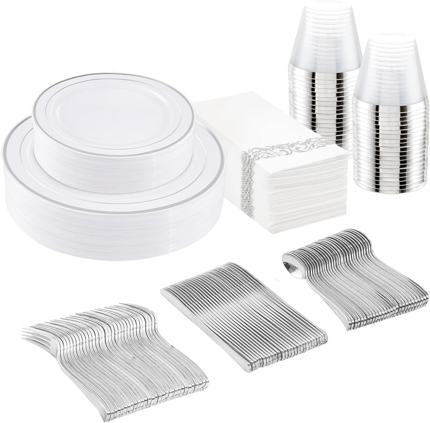 175Pcs Silver Plastic Dinnerware Set for Elegant Parties
