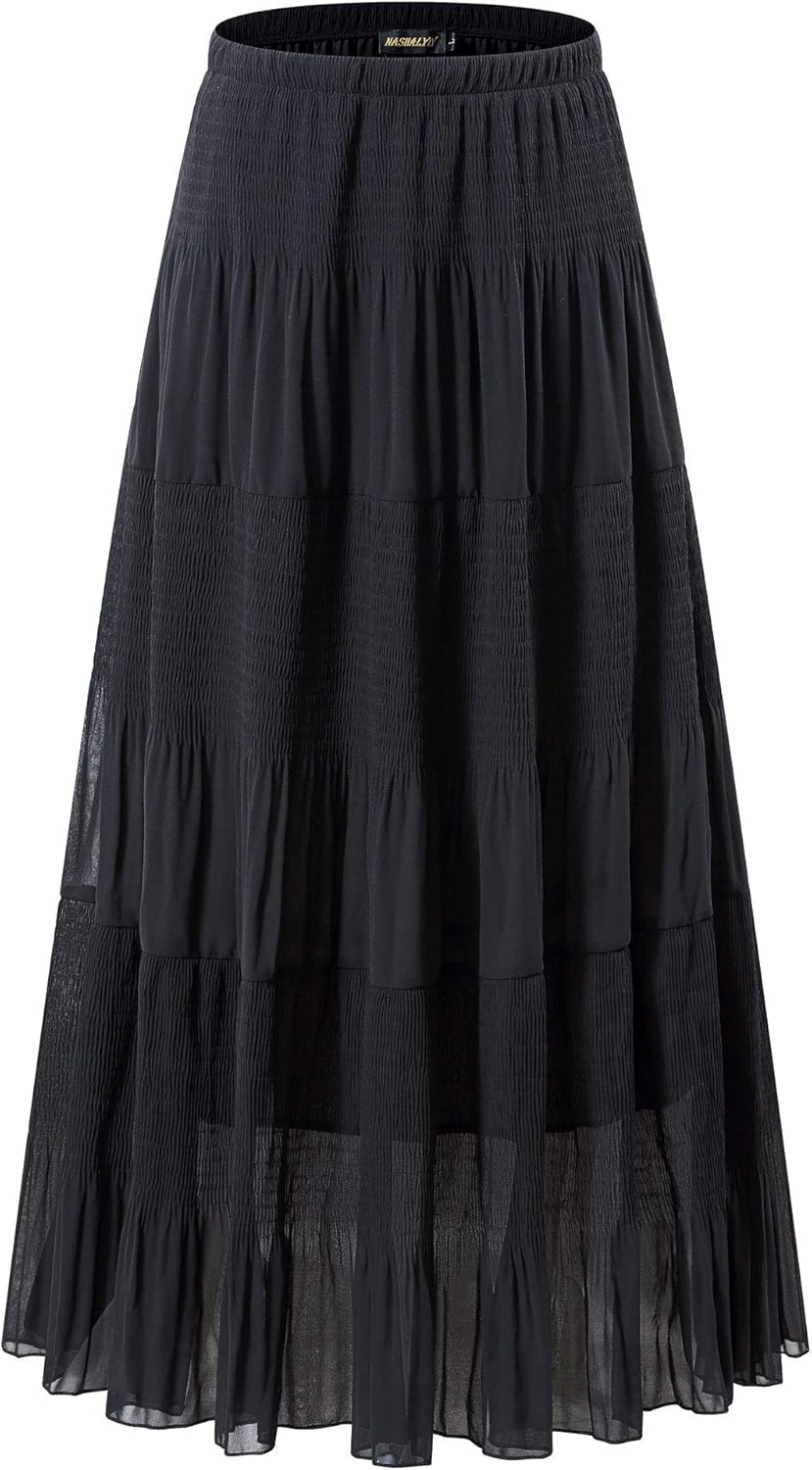 Chiffon Elastic High Waist Pleated A-Line Maxi Skirt for Women