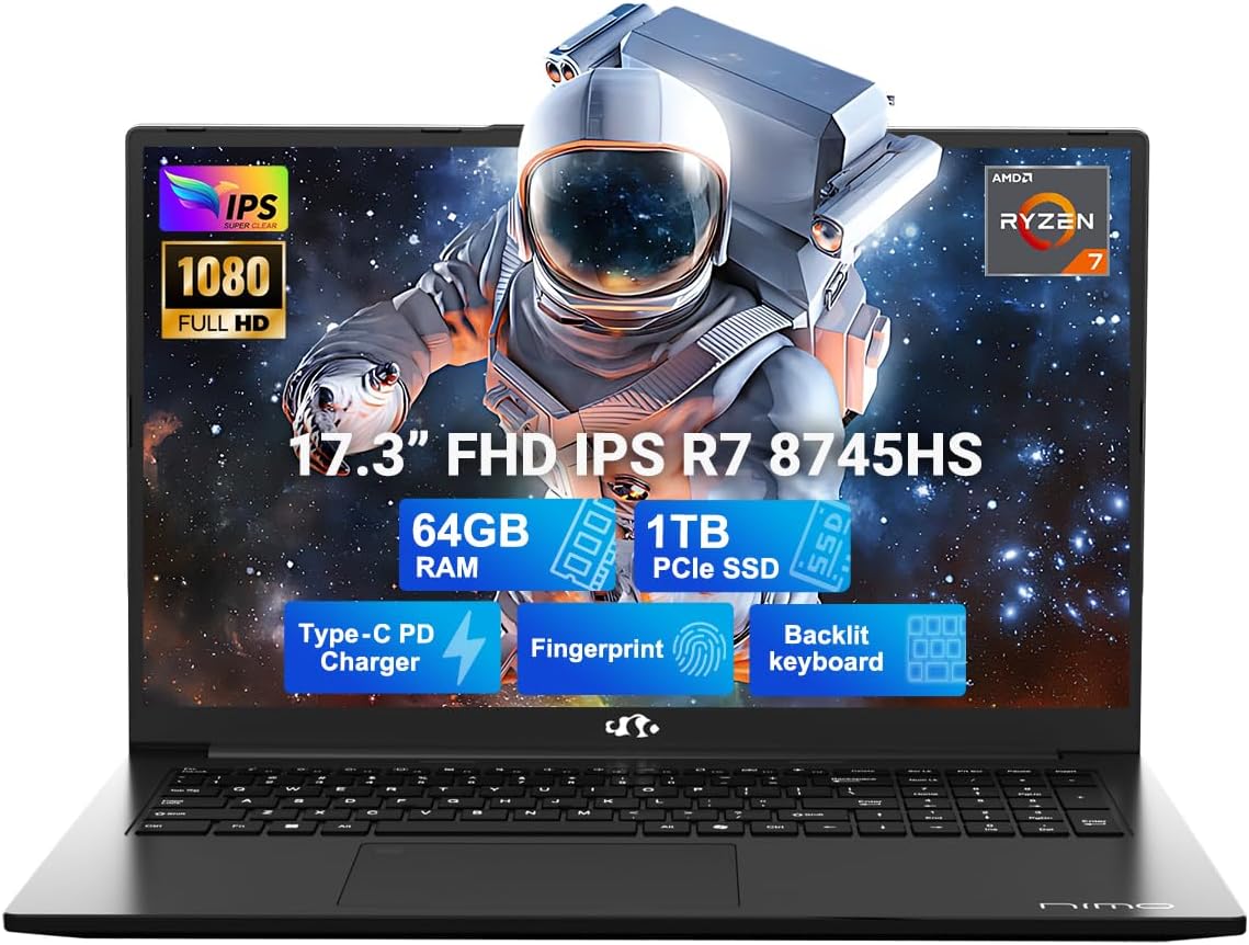 NIMO 17.3 Light Gaming Laptop with AMD Ryzen 7 and 64GB RAM