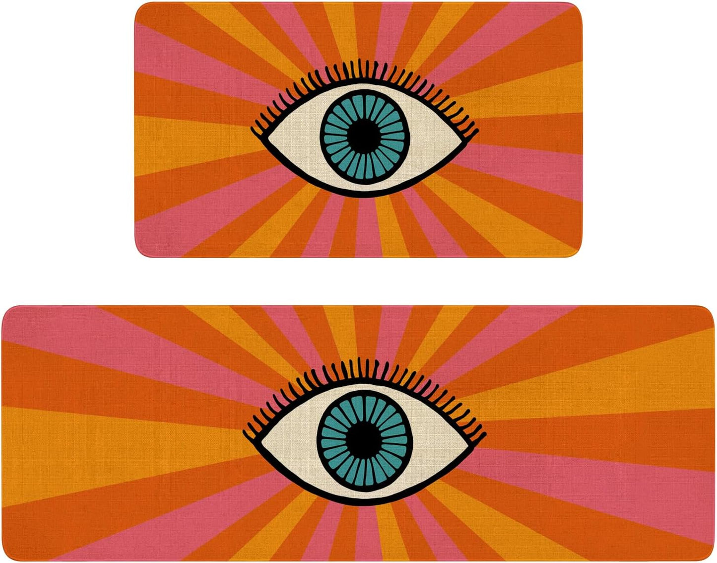 Boho Kitchen Mat Set of 2 with Rainbow Evil Eye Print Design