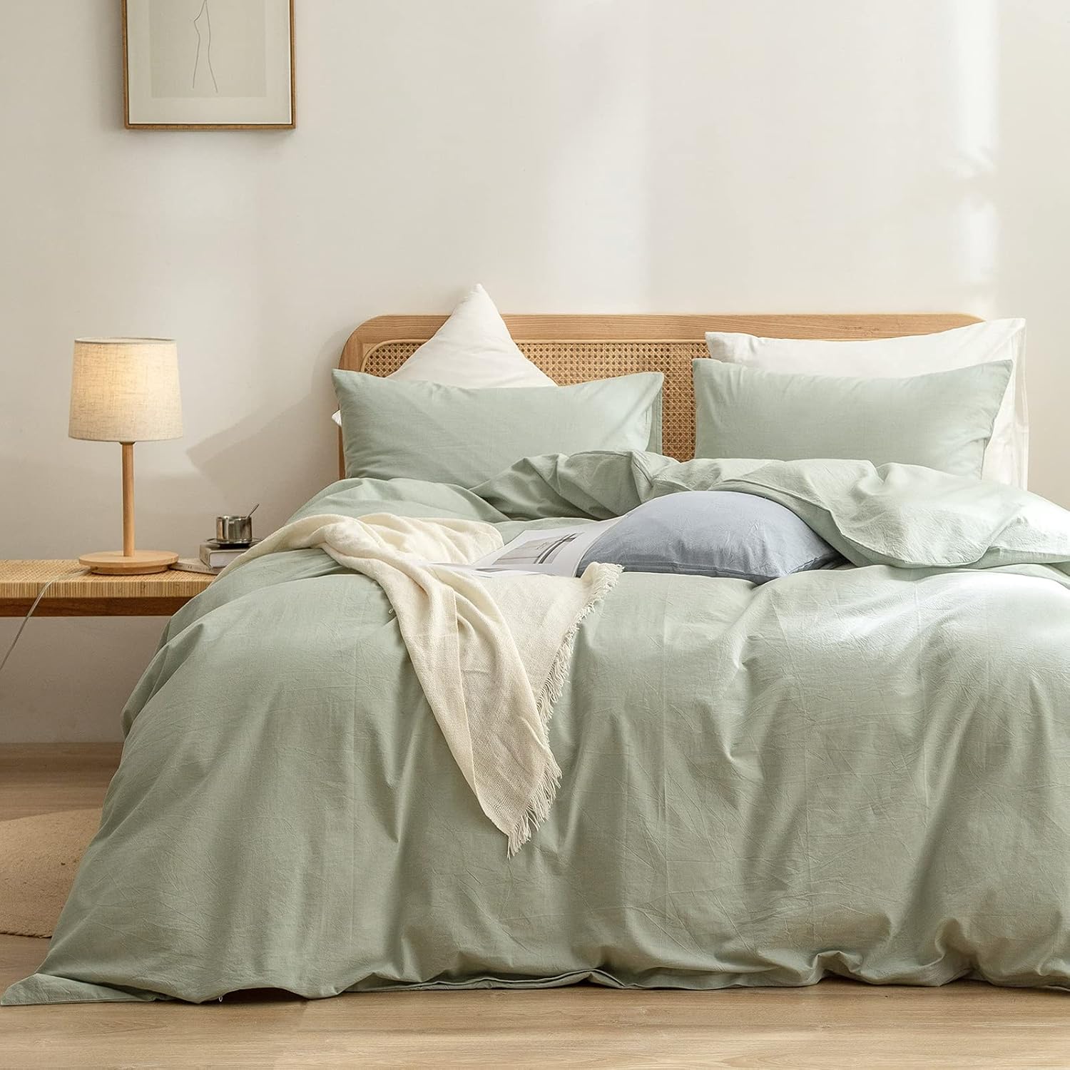 BESTOUCH Duvet Cover Set 100% Washed Cotton Chic Sage Green