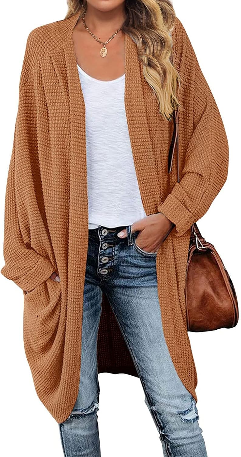 Waffle Knit Batwing Long Sleeve Cardigan for Stylish Comfort