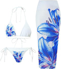 3pcs Floral Halter Triangle Bikini Set with Sheer Cover Up - Beach