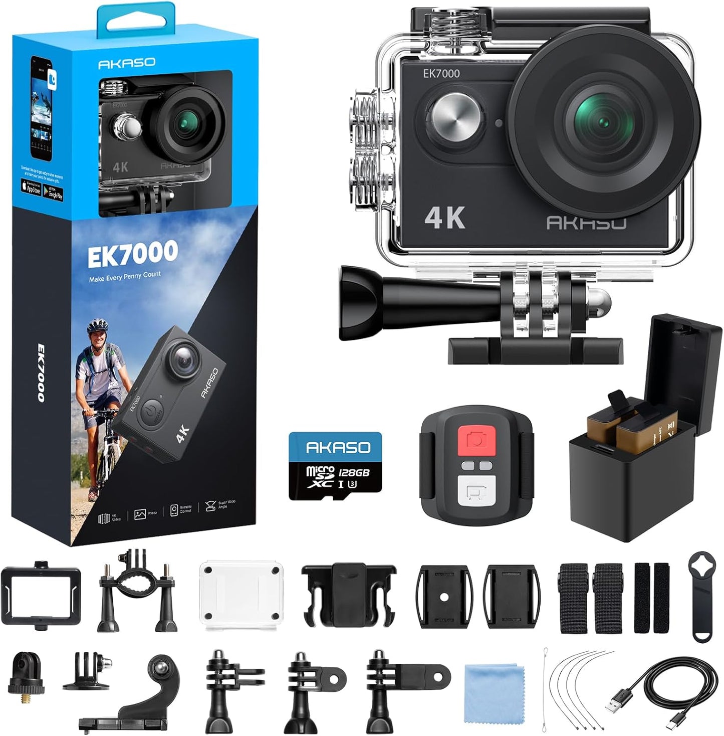 AKASO EK7000 4K30fps Action Camera with 128GB Memory Card