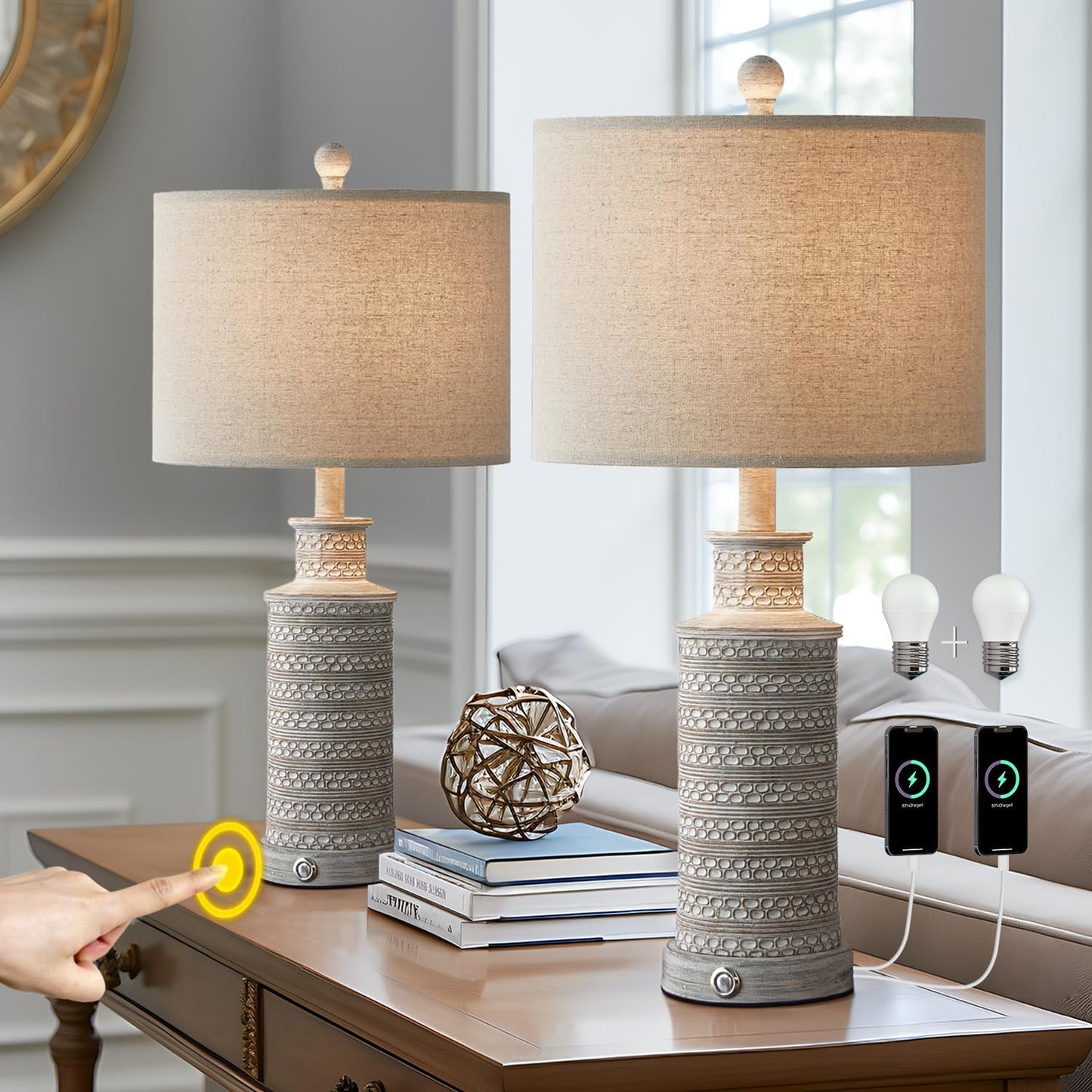 3-Way Dimmable Touch Control Table Lamp Set with USB Ports