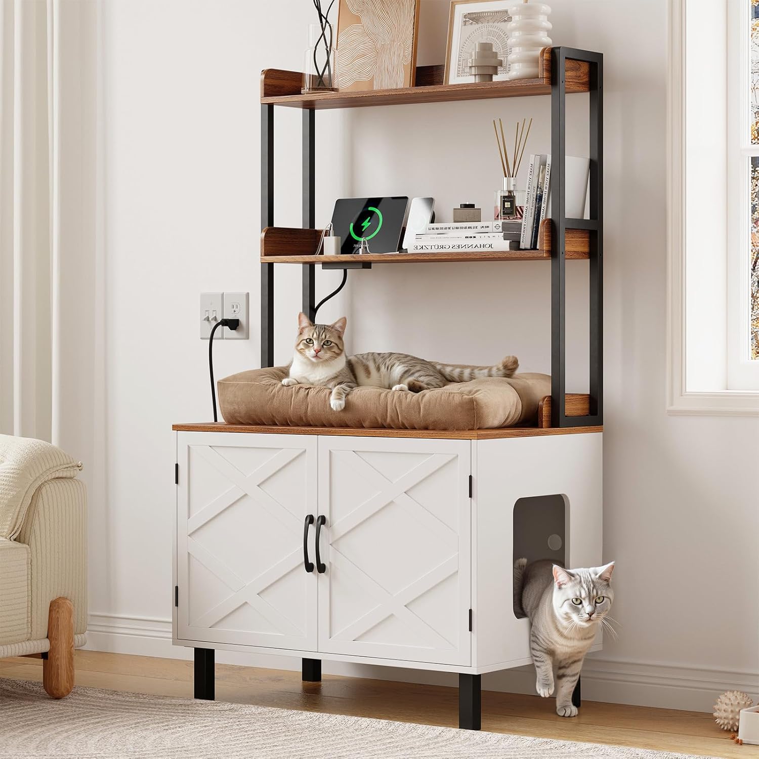 55 Inches Cat Litter Box Enclosure with Storage Shelves