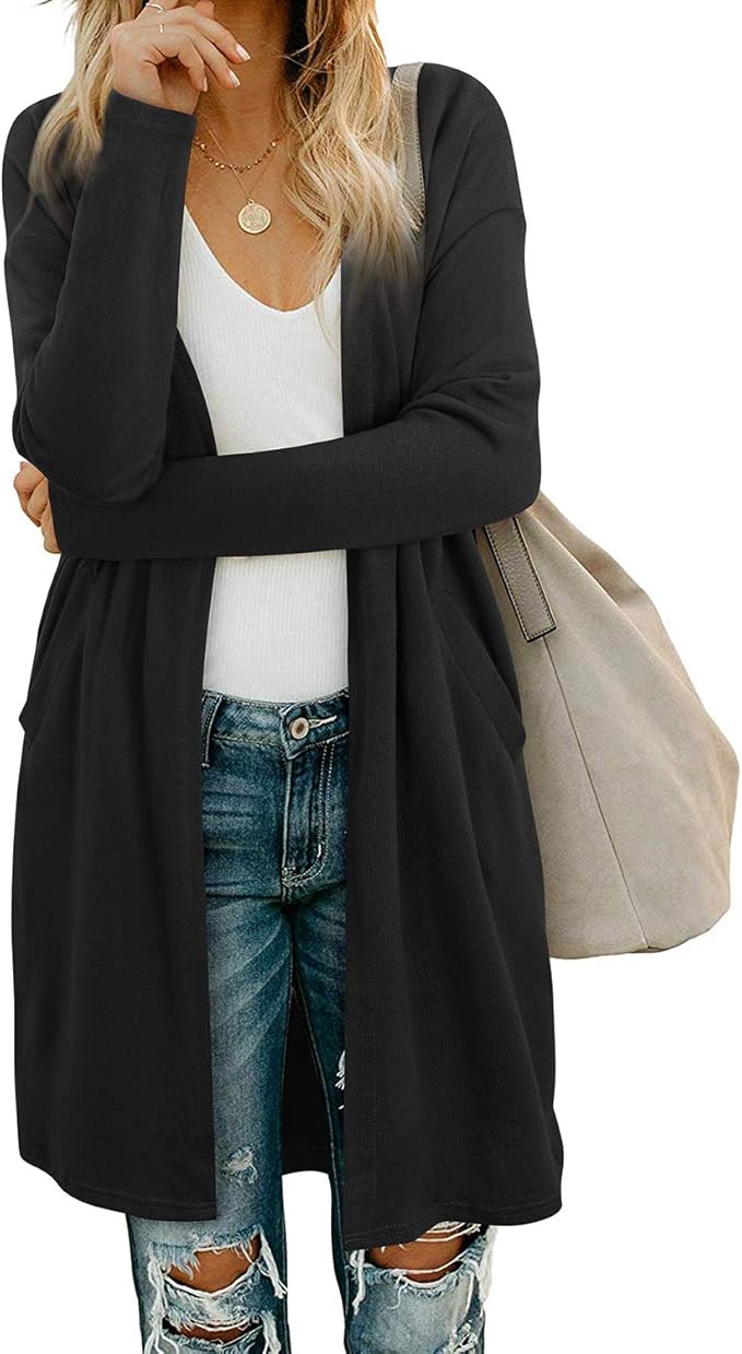OUGES Women's Open Front Cardigan Shirt with Pockets for Style