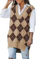 Viottiset Oversized V Neck Houndstooth Knit Sweater Vest Tunic