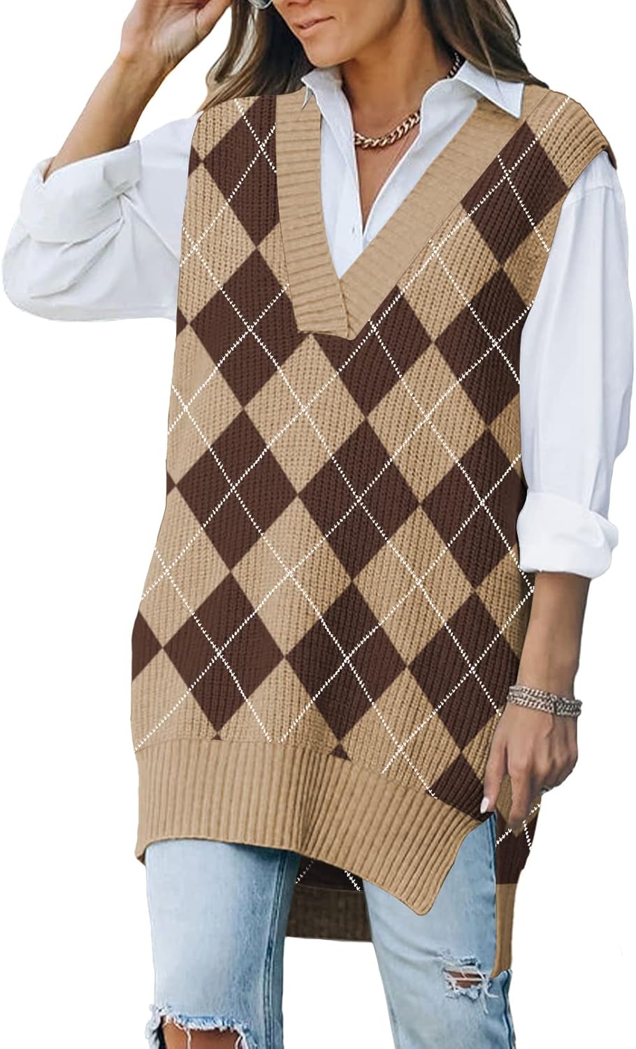 Viottiset Women's Oversized V Neck Knit Sweater Vest Tunic