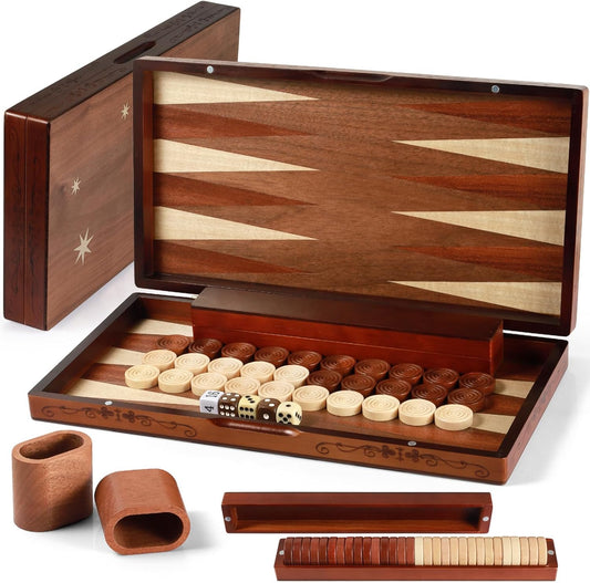 Handcrafted Wooden Backgammon Set with Intricate Carvings