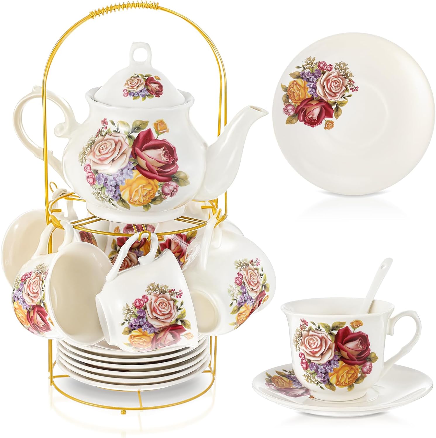 Zhehao Porcelain Tea Set with Metal Holder and Spoon for Adults