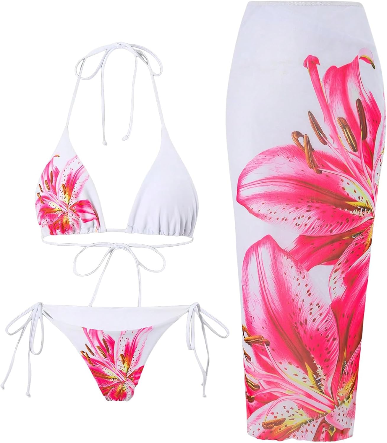 ZAFUL Womens 3pcs Swimsuit Floral Halter Triangle Bikini Set