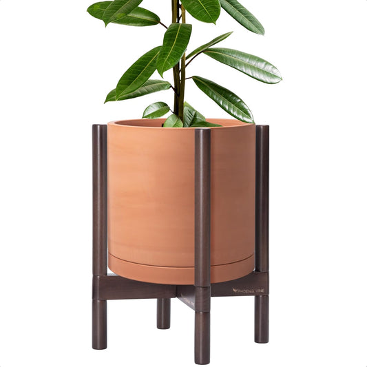 D'vine Dev Terracotta Planter with Walnut Stand - 12 Inch Pot