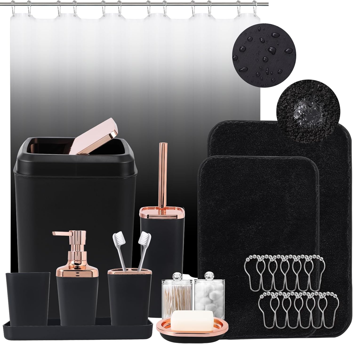 Complete Bathroom Accessory Set with Ombre Shower Curtain and Rugs