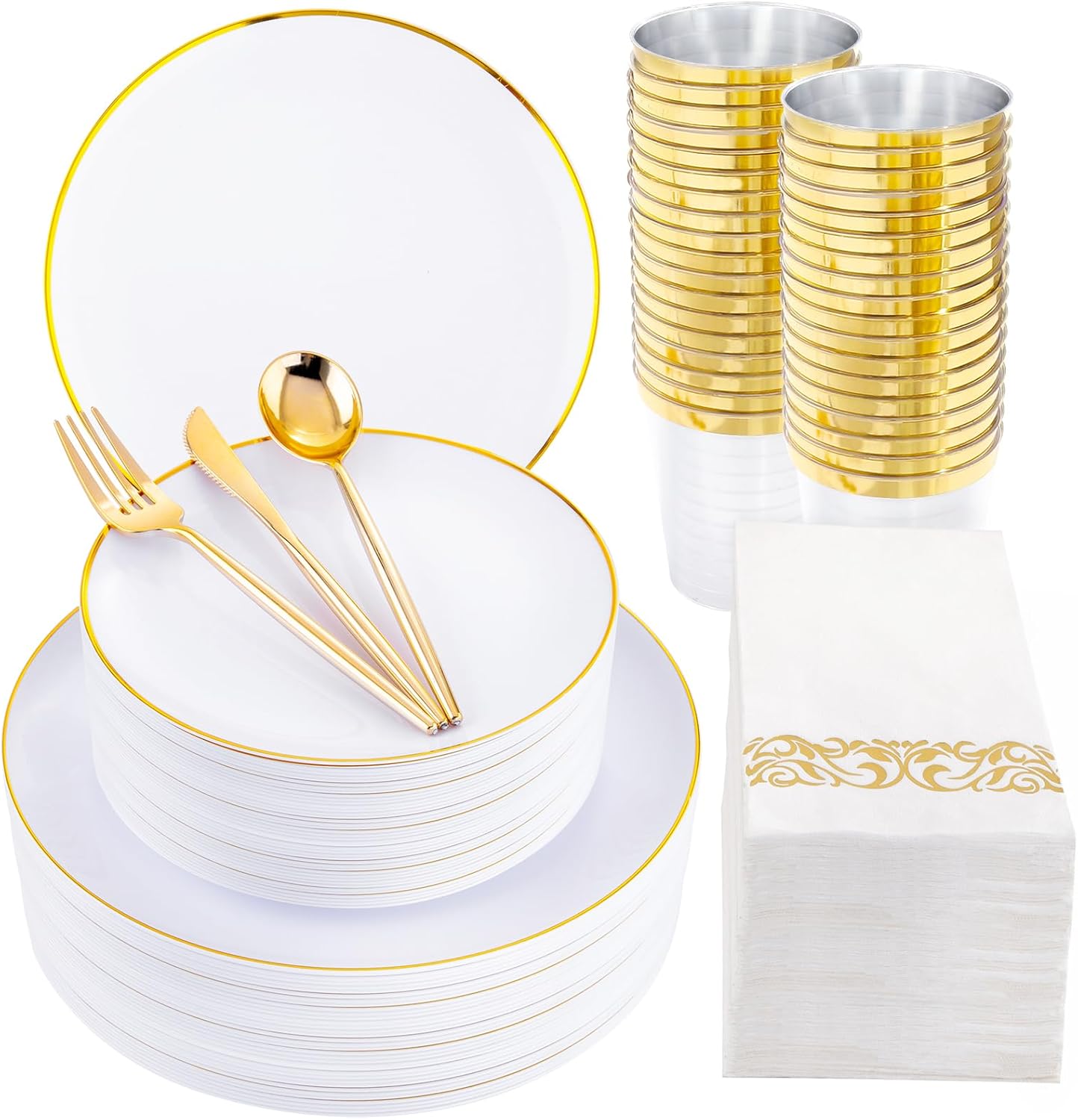 MirthMood 350Pcs White and Gold Dinnerware Set for Elegant Events