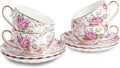 4-Pack Floral Porcelain Tea Cups and Saucers 5.1oz with Gold Trim
