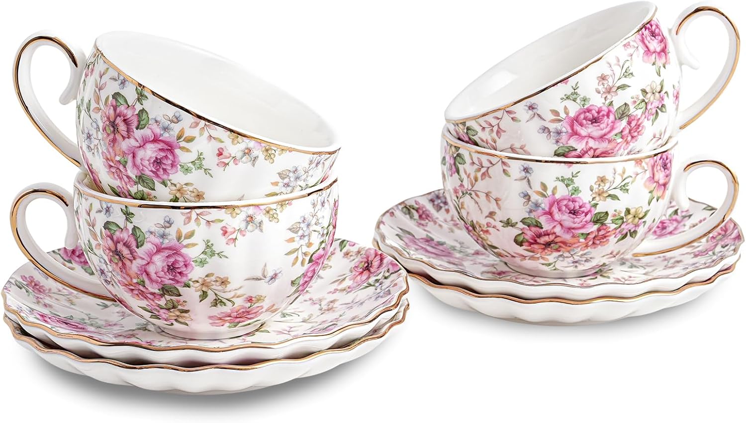 Floral Tea Cups with Gold Trim for Home and Party Use