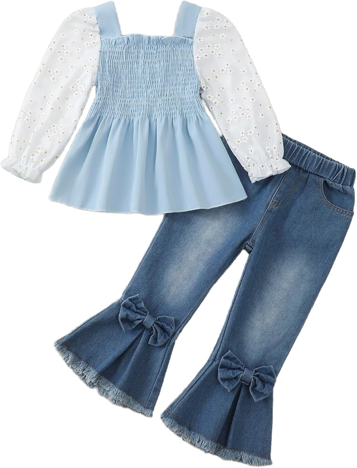 Kucnuzki Toddler Girls Long Sleeve Shirt and Baggy Jeans Set