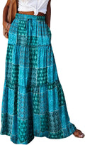Womens Floral Print Boho Maxi Skirt - Elastic High Waist Pleated