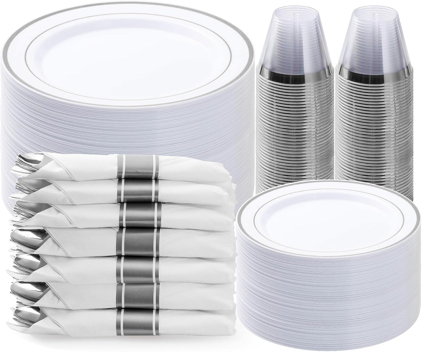 350PCS Silver Plastic Dinnerware Set for Elegant Parties