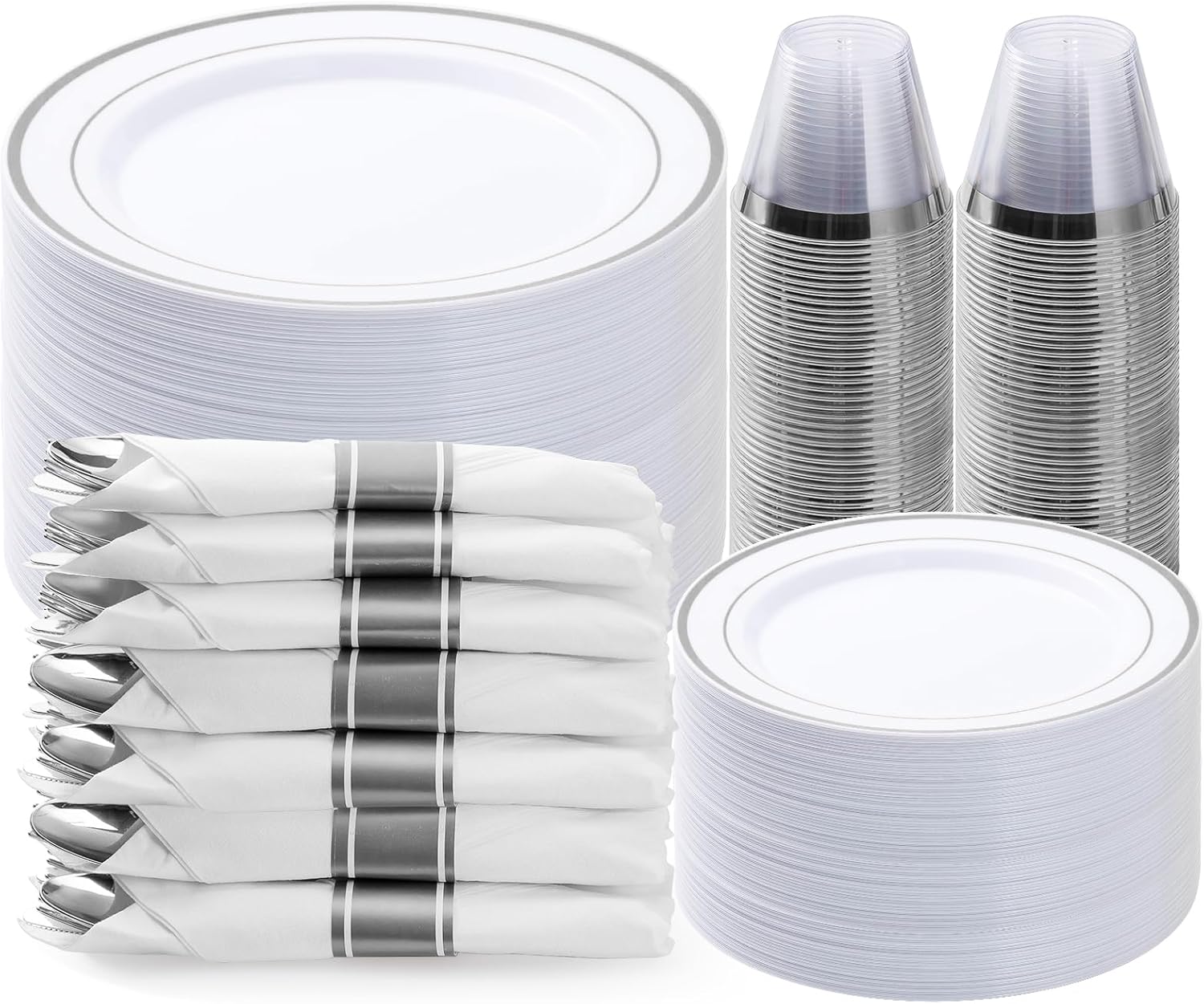 350PCS Silver Plastic Dinnerware Set for Elegant Parties