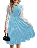 Girls Contrast Mesh Velvet A-Line Dress with Long Sleeves