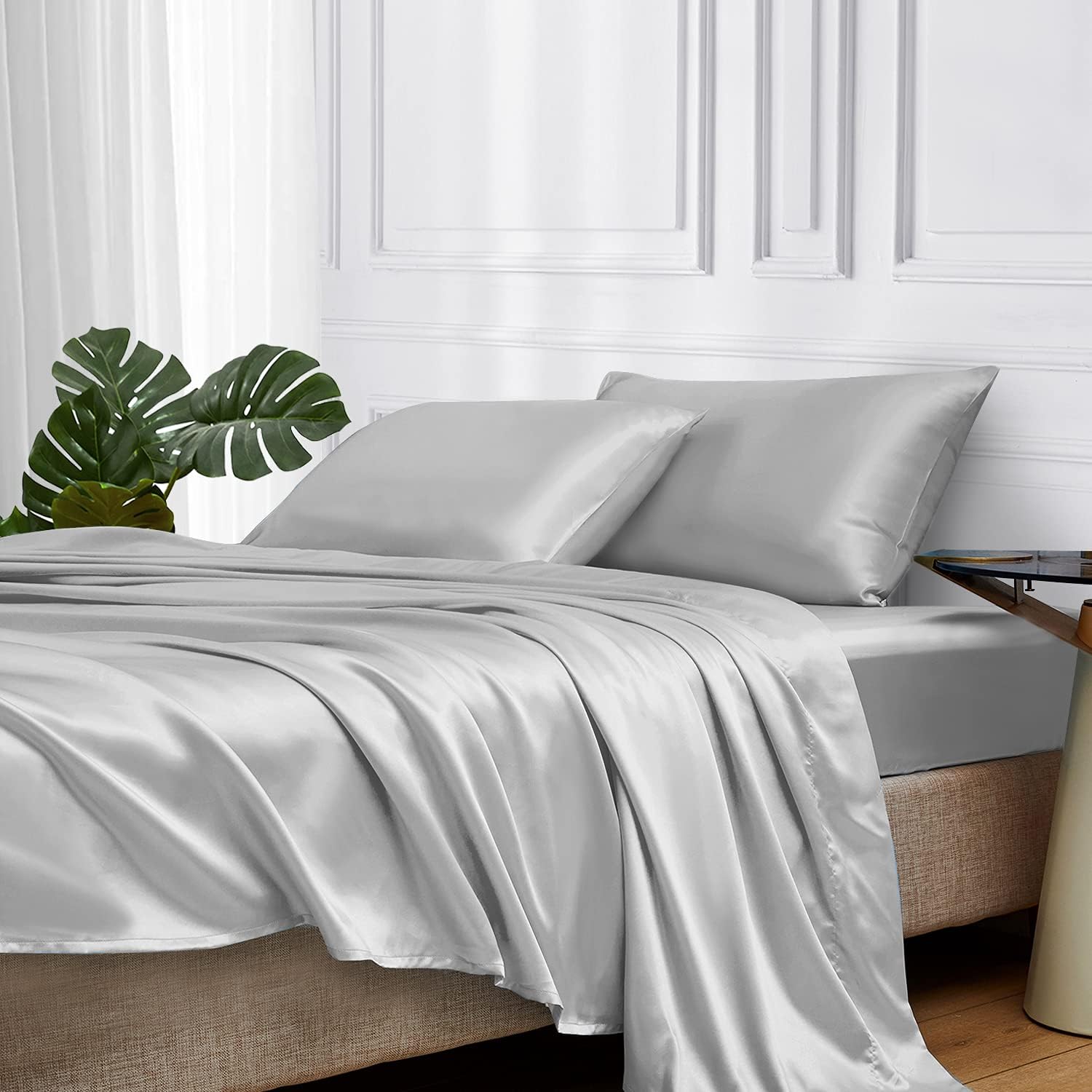 MR&HM Satin Bed Sheets Set for Queen Size with Deep Pocket