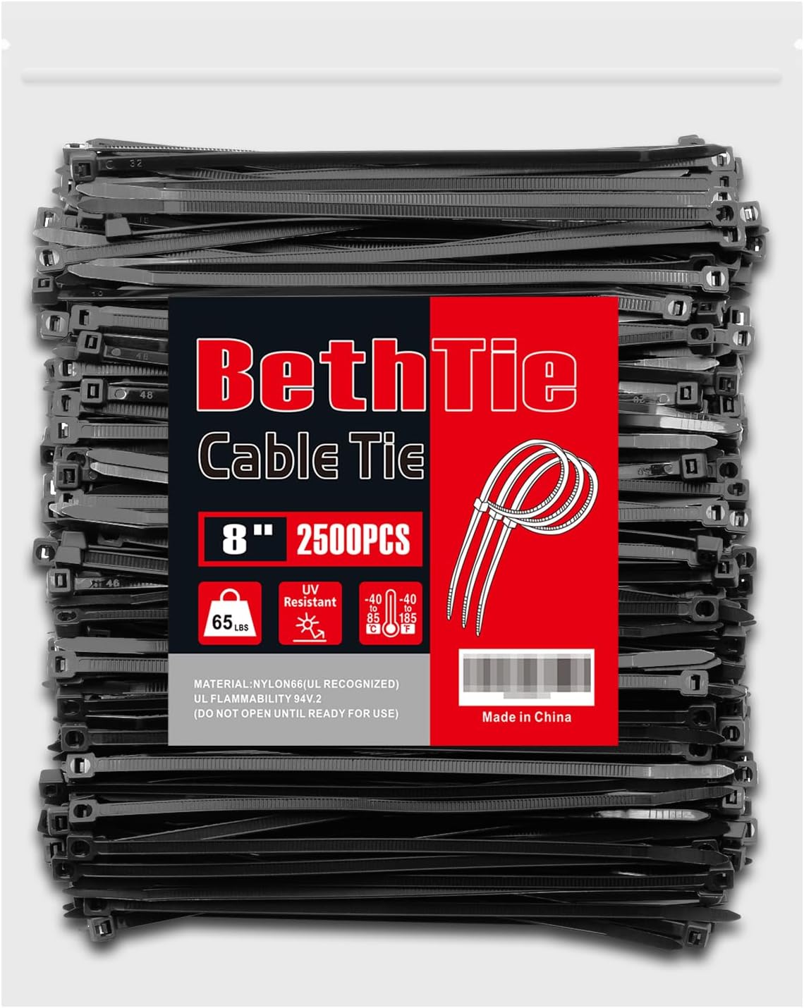 Black 8 Inch Zip Ties - 2500 Pack with 65 LBS Strength