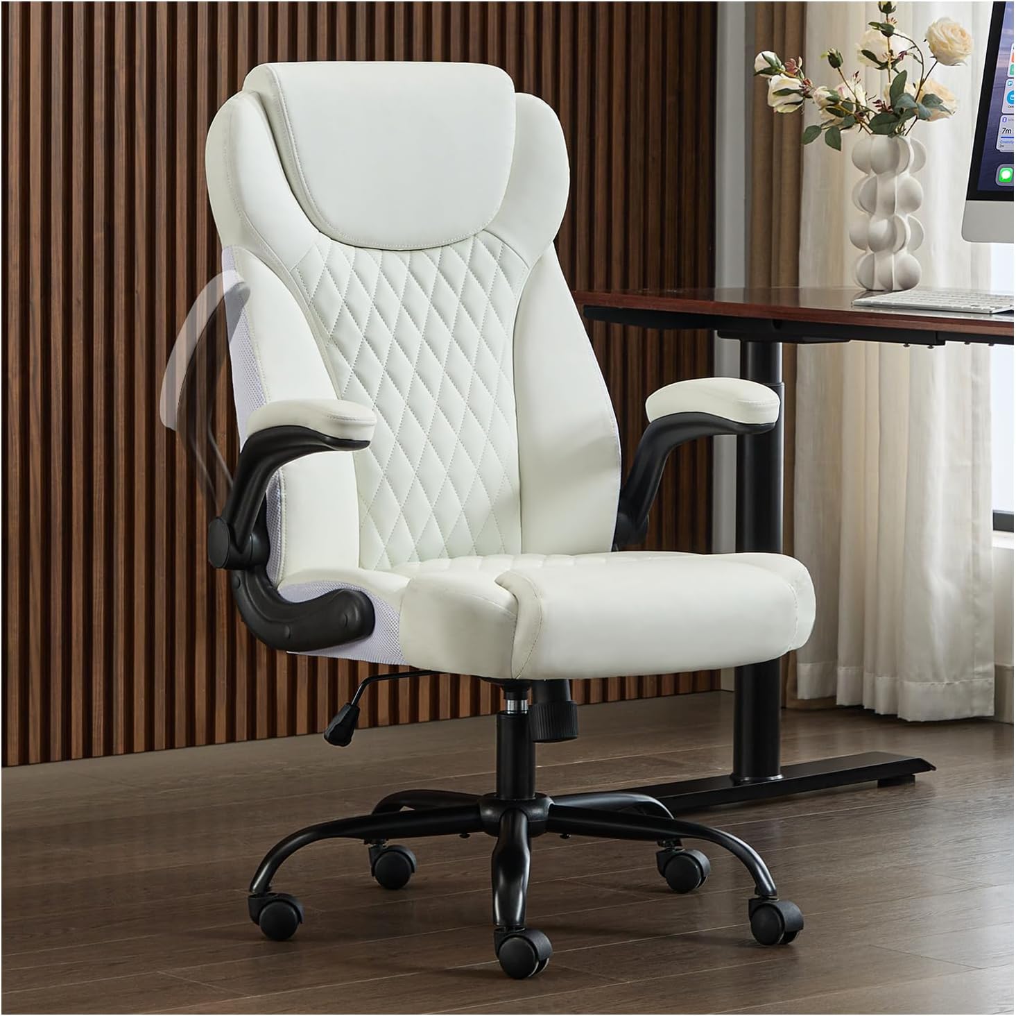 Ergonomic Leather Office Chair with Adjustable Flip-Up Arms
