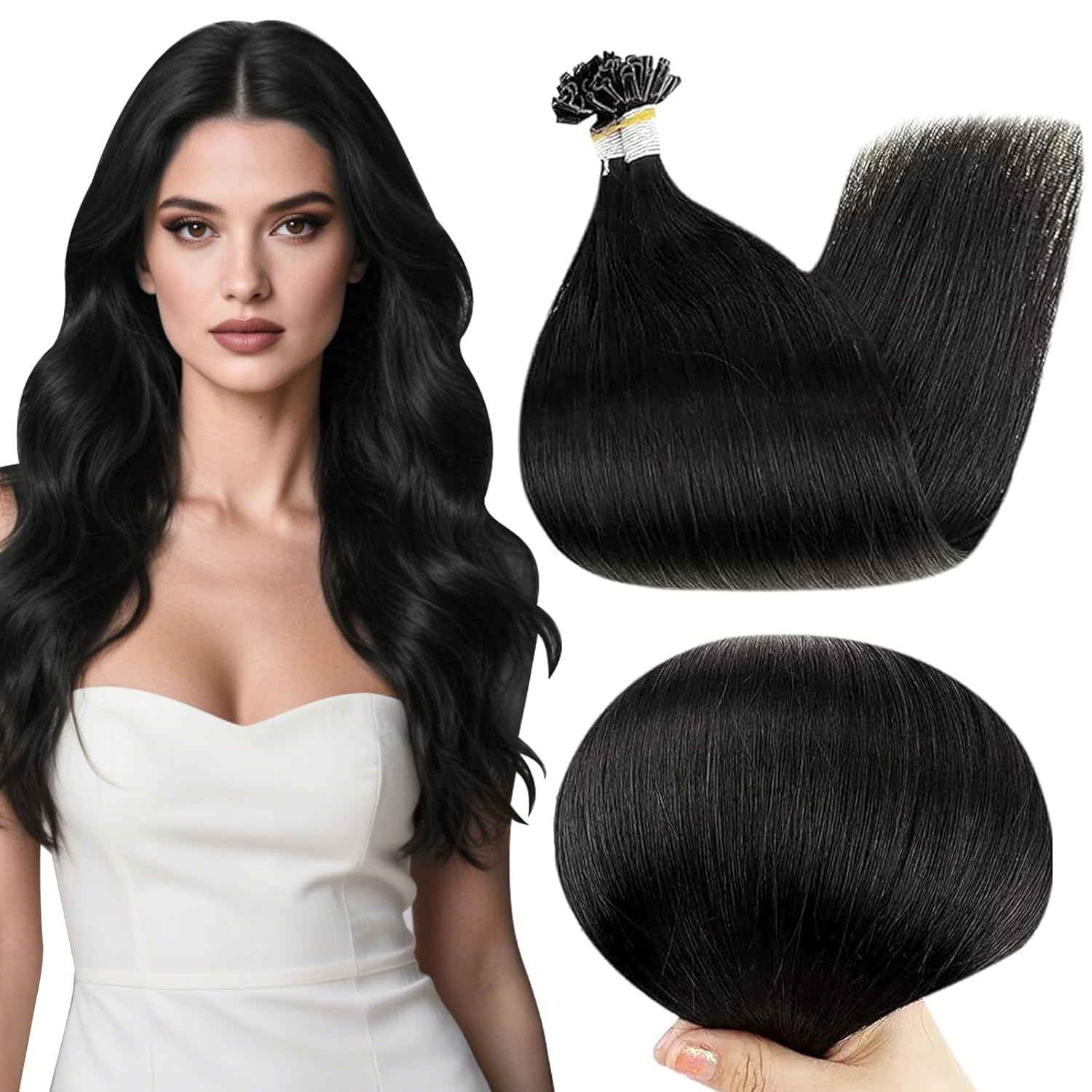 Full Shine Utip Human Hair Extensions 20 Inch Jet Black Length