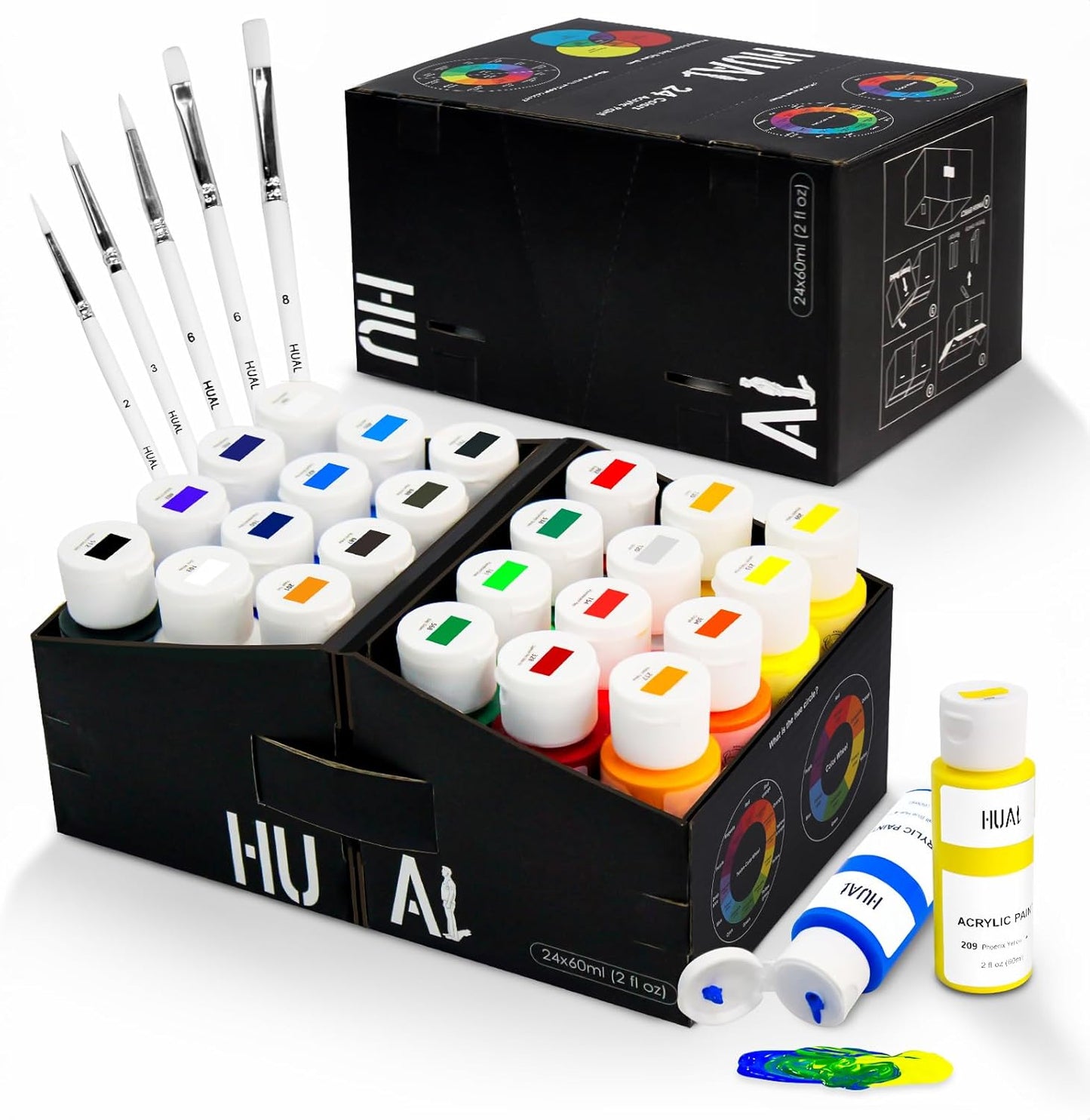 24 Colors Acrylic Paint Set + 5 Brushes - Non Toxic for Artists & Beginners