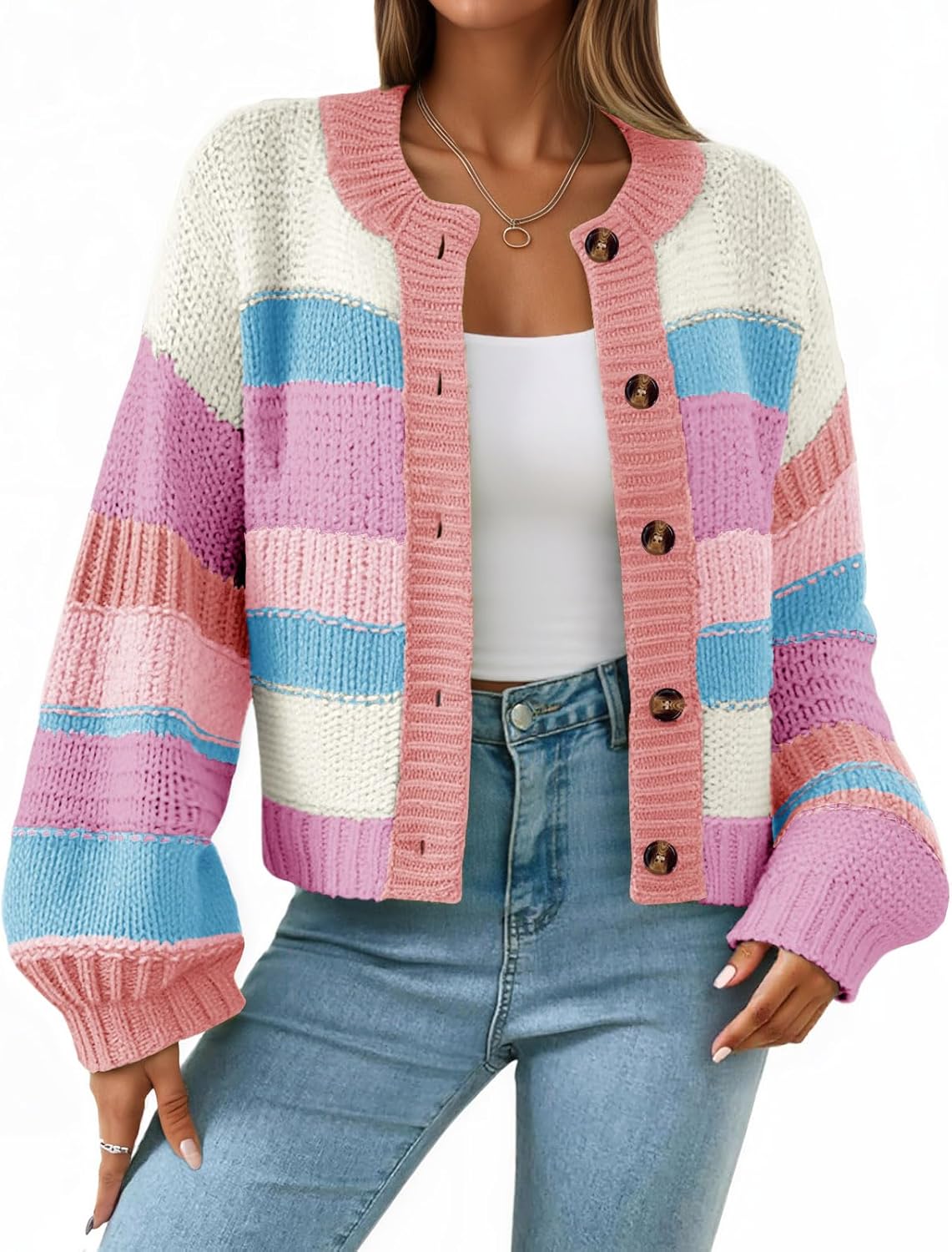 Trendy Color Block Long Sleeve Cardigan Sweater for Women