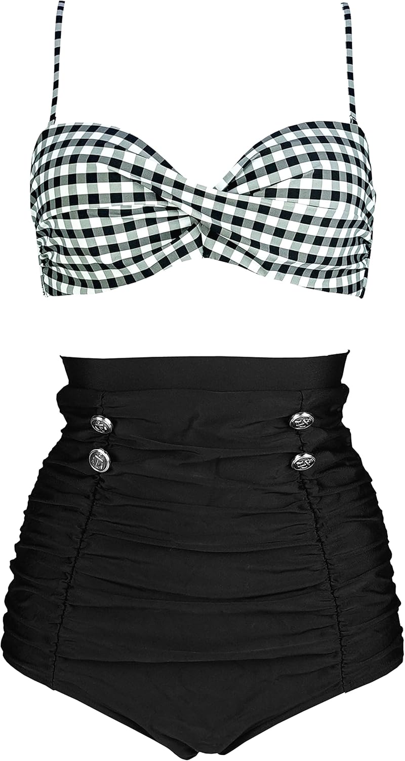 COCOSHIP Retro Polka Dot Twisted Front High Waisted Bikini Set