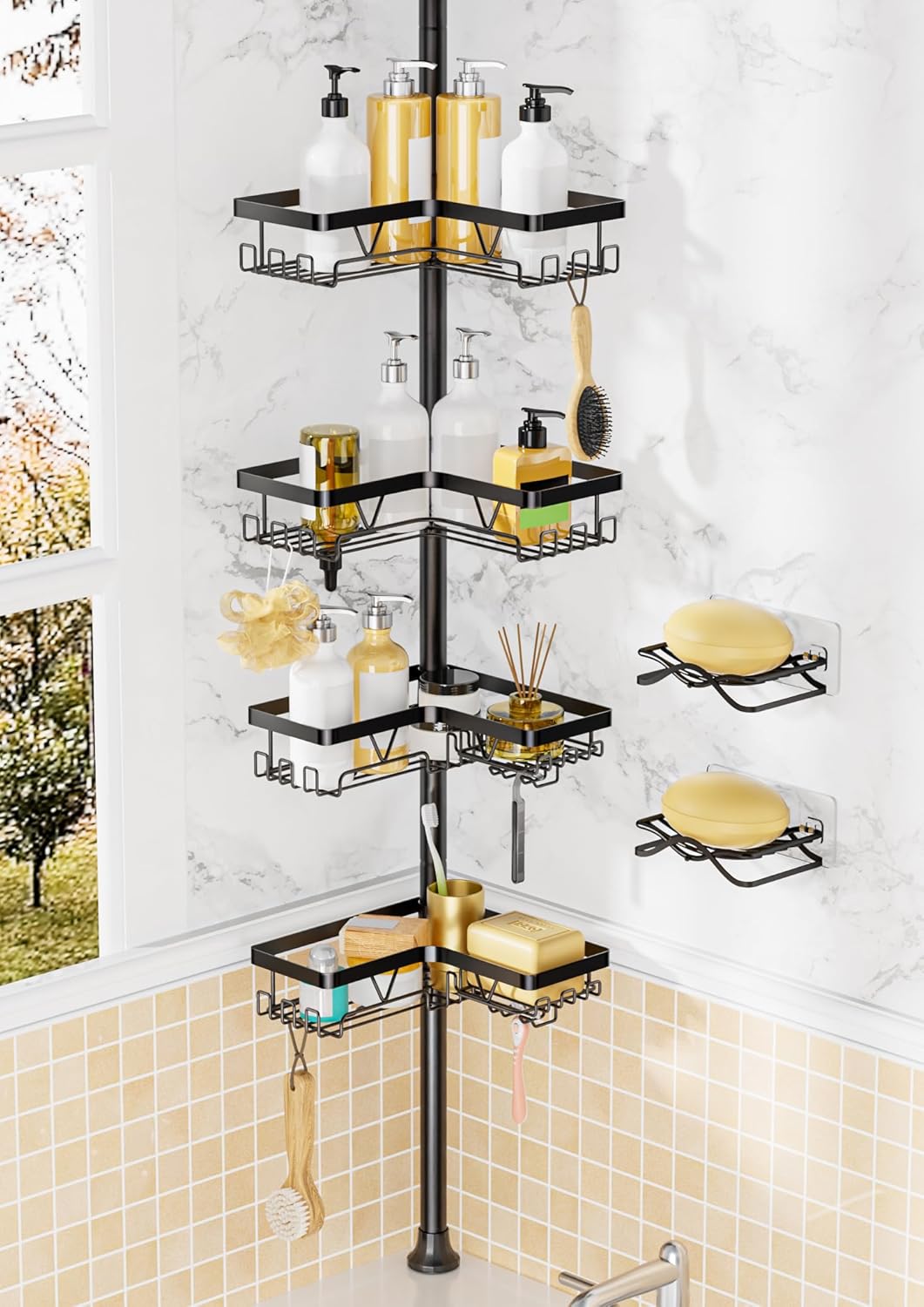 Corner Shower Caddy with Soap Holders - Adjustable Tension Pole