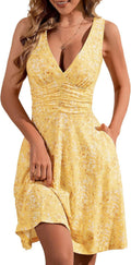 Women's Deep V Neck Sleeveless Floral Sundress - Flattering Spring Fit