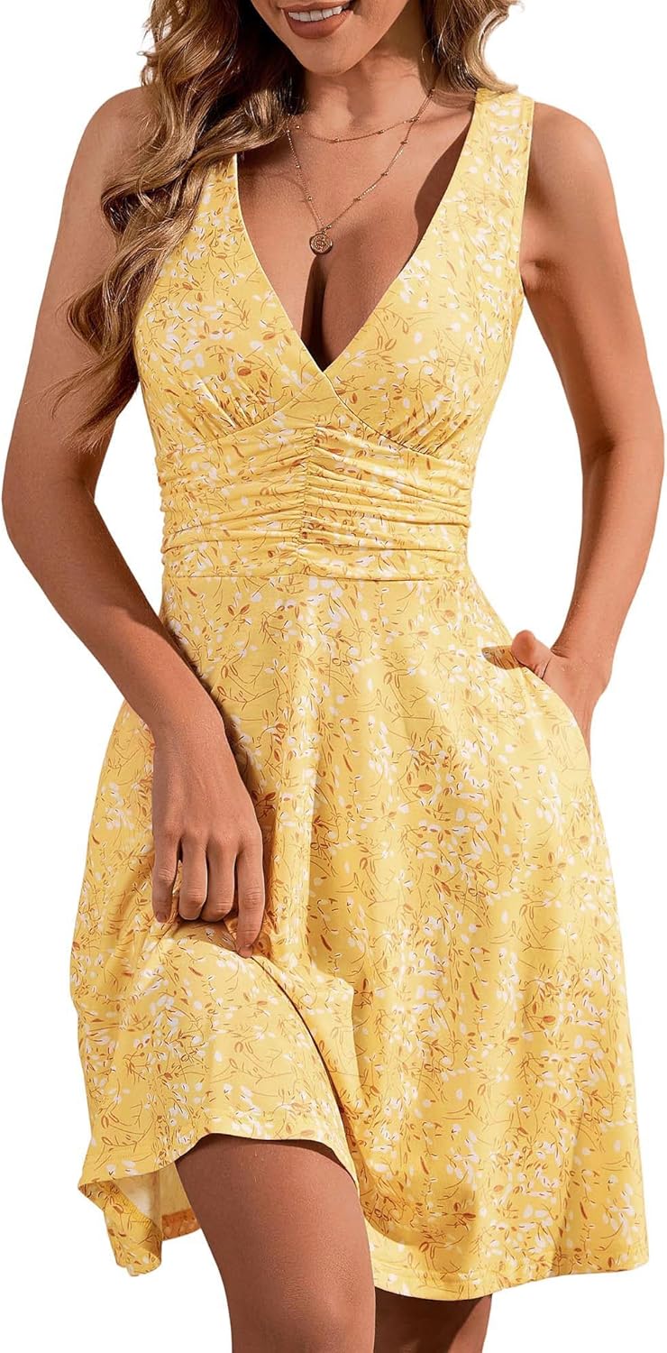 OURIN Women's Spring Deep V Neck Floral Sundresses with Pockets