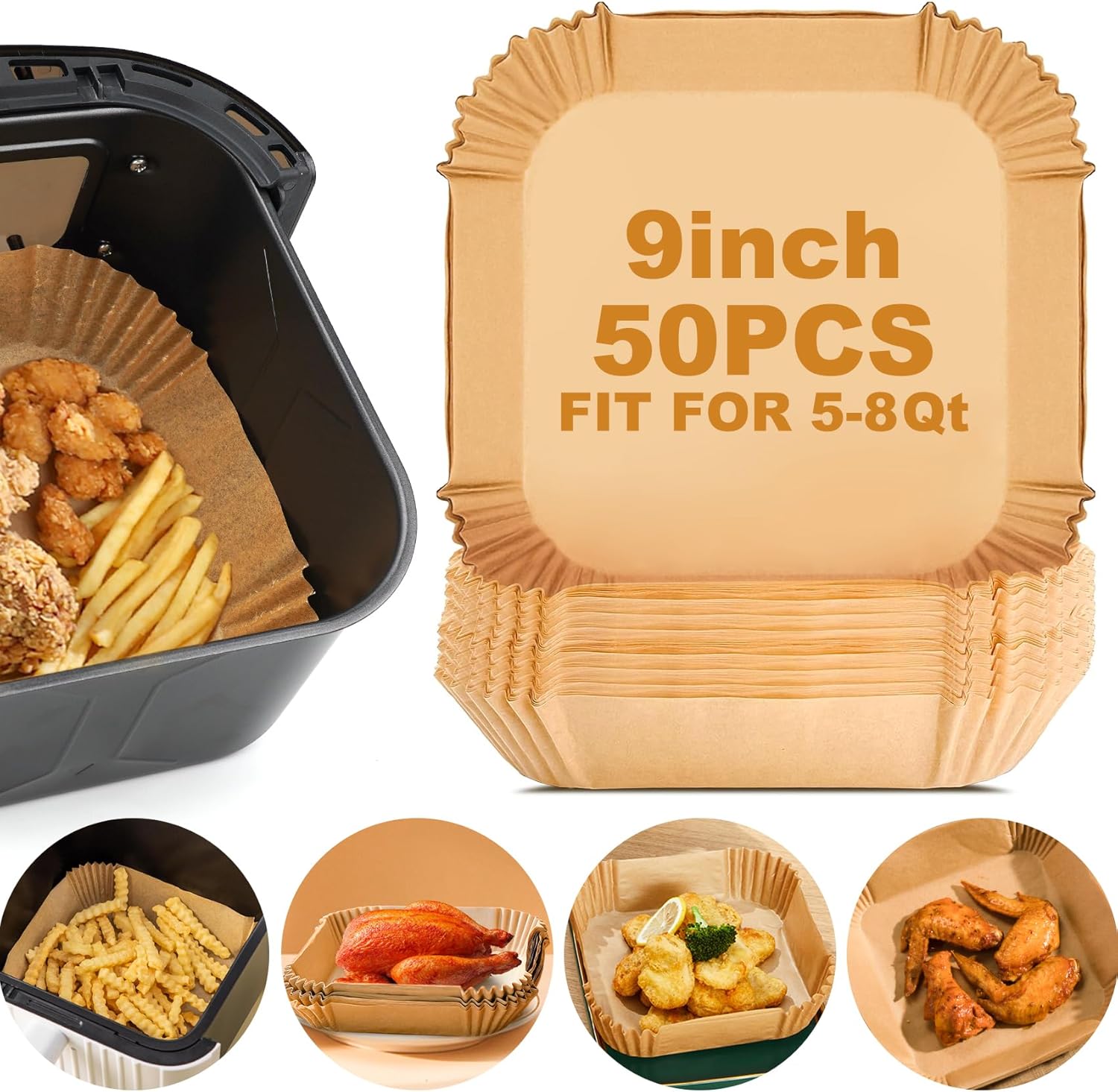 Non-Stick Air Fryer Liners - 50pcs 9 Inch Square Parchment