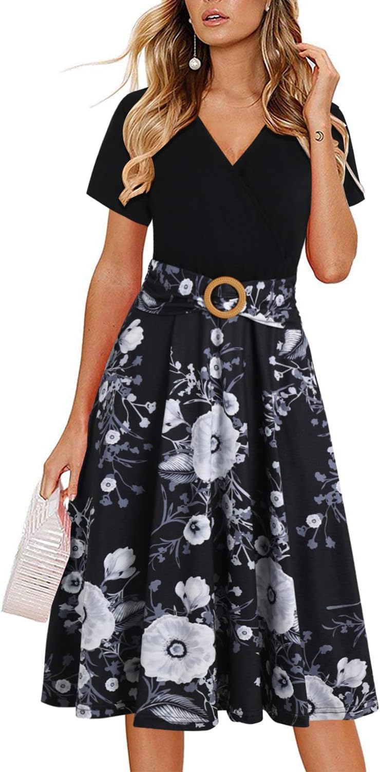 Elegant Criss-Cross V Neck Vintage Short Sleeve Dress with Pockets