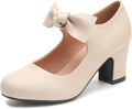 Women's Bow Mary Jane Low Block Chunky Heels Pumps