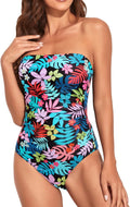 Women Tummy Control Strapless One Piece Swimsuit - Colorful Leaves