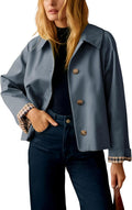 Yeokou Women Oversize Trench Coat Plaid Lining Casual Cropped Jacket