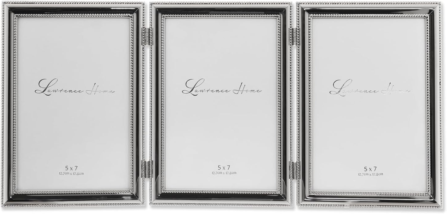 Hinged Triple Metal Picture Frame with Delicate Beading Design