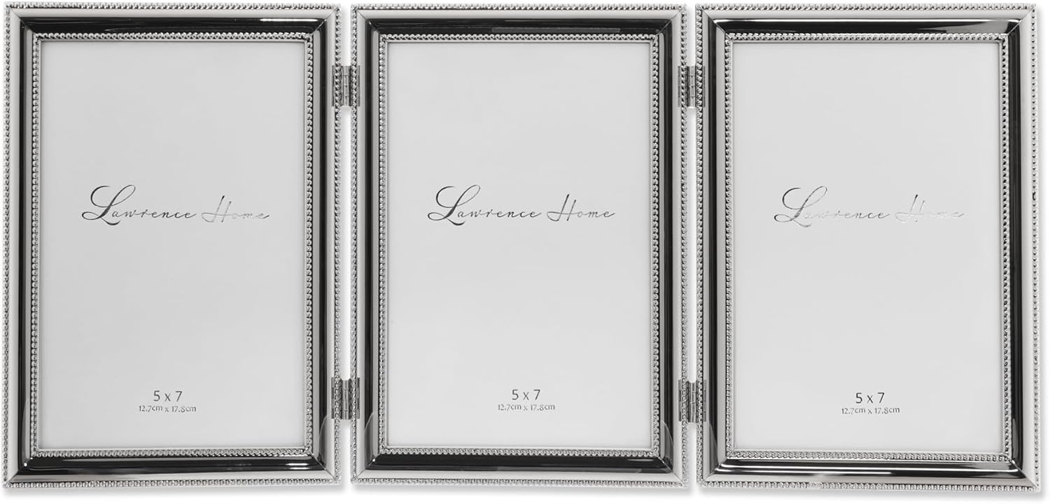Hinged Triple Metal Picture Frame with Delicate Beading Design