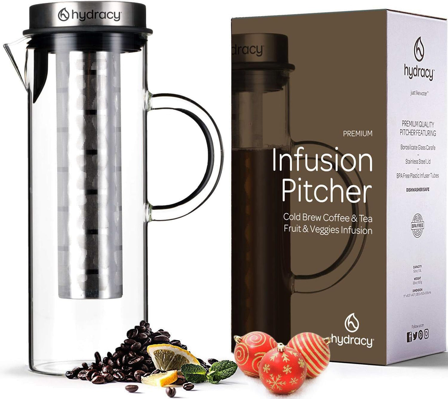 Hydracy Large Glass Cold Brew Maker - 1.6QT - Iced Coffee & Tea Pitcher