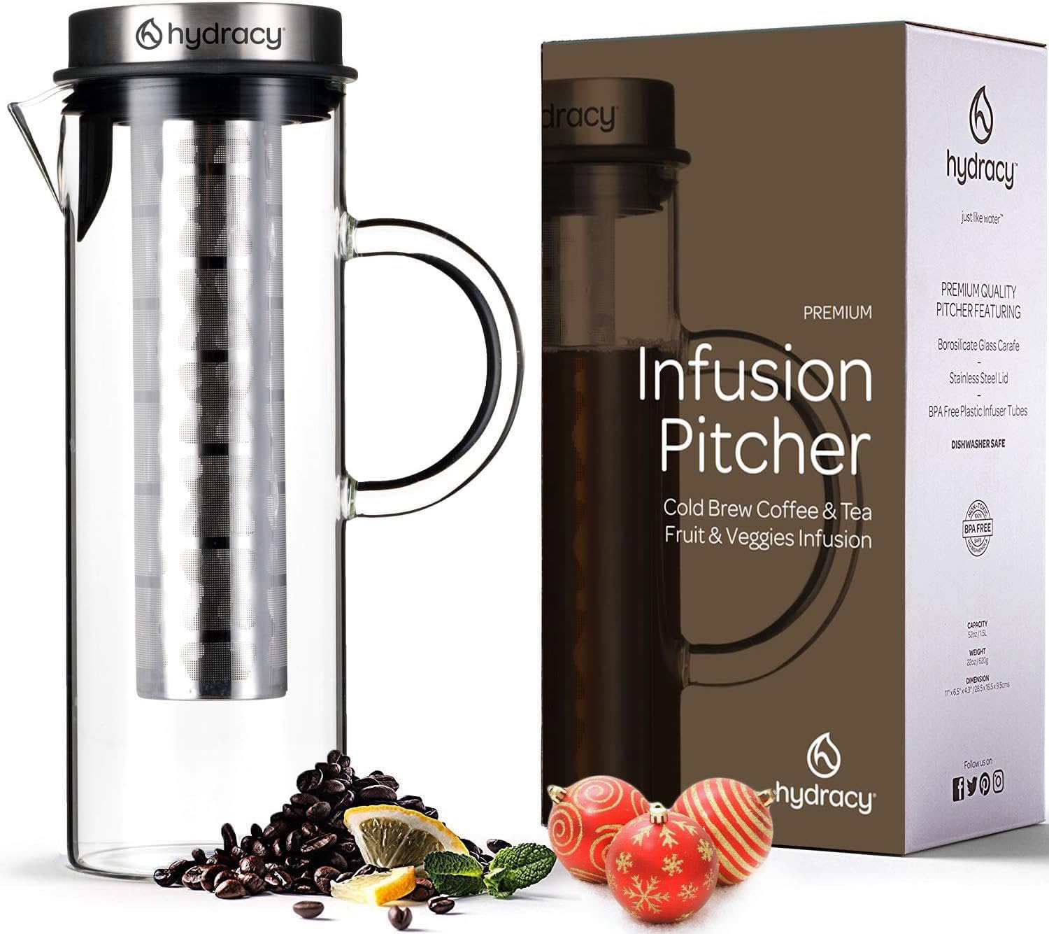 Hydracy Large Glass Cold Brew Maker - 1.6QT - Iced Coffee & Tea Pitcher