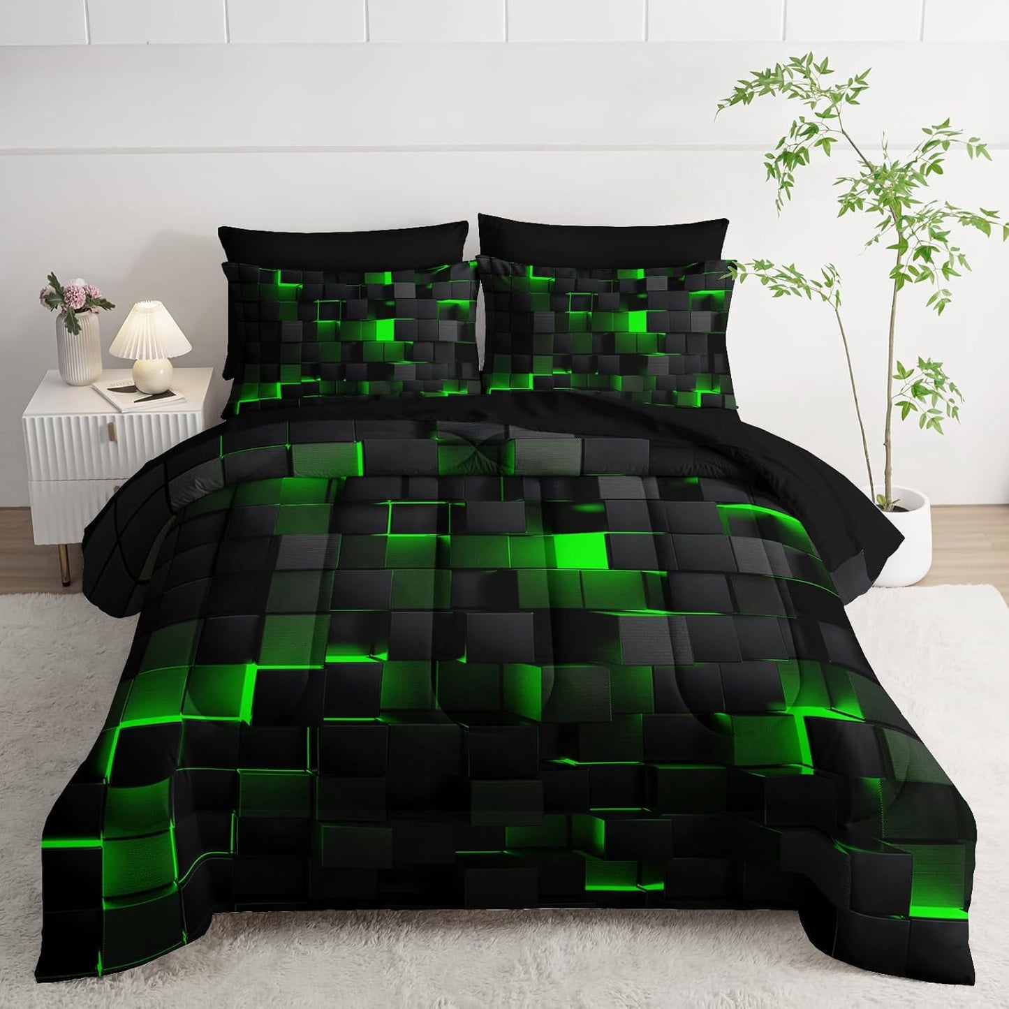 Geometric Green Black Full Comforter Set for Modern Bedrooms
