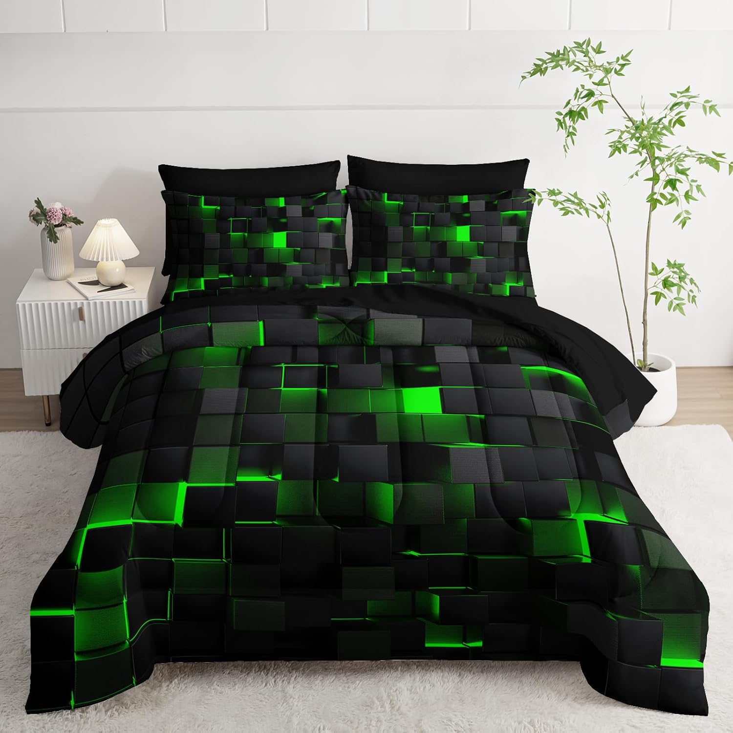 Geometric Green Black Full Comforter Set for Modern Bedrooms