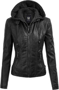 Women's Faux Leather Moto Biker Jacket with Hood - Versatile Layering