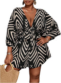 Plus Size Women's Romper Striped V Neck Tie Front - Loose 3/4 Sleeve