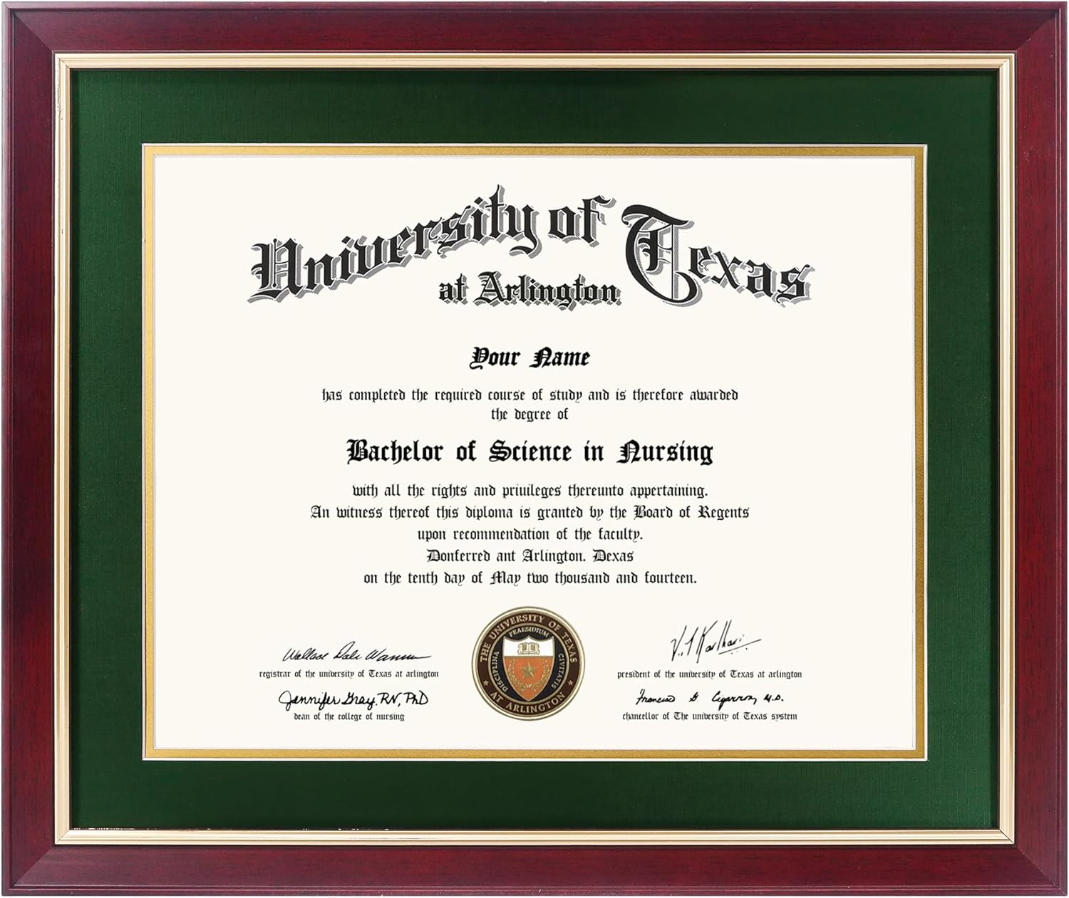 11x14 Wood Diploma Frame with Green Mat and Gold Trim Design